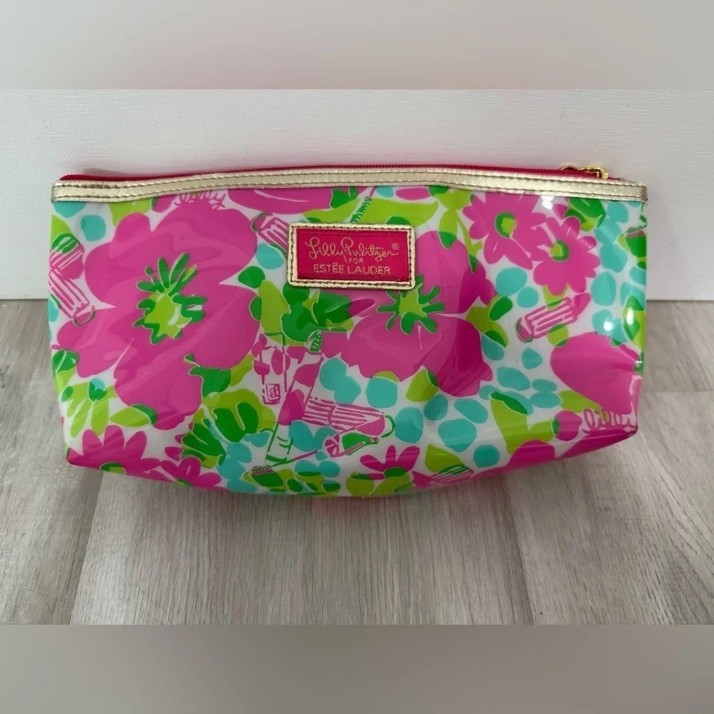 Lilly Pulitzer for Estee Lauder Cosmetic Bag Floral Print Pink Green Teal Pouch